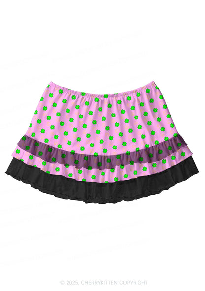 Clover On Pink St Patricks Y2K Print Mini Layered Skirt Cherrykitten