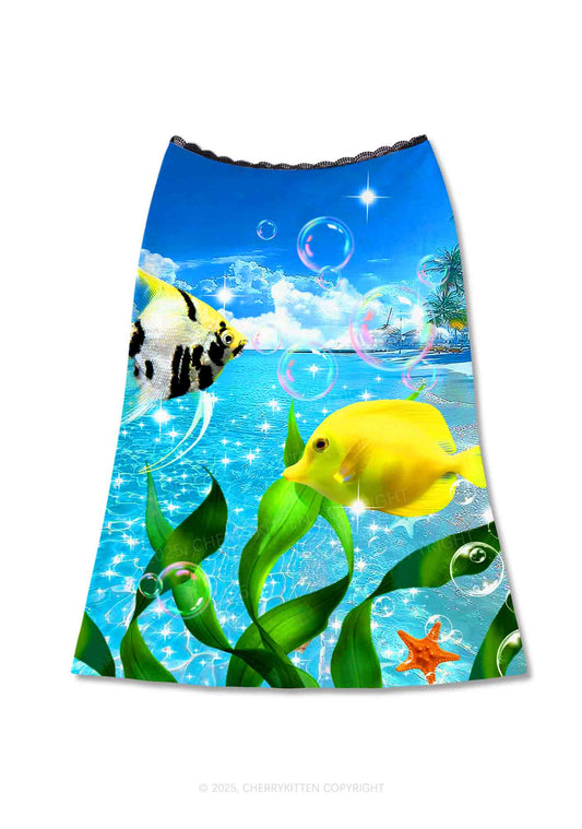 Tropical Fish Y2K Print Midi Skirt Cherrykitten