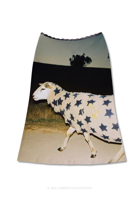 Sheep In Star Cloak Y2K Print Midi Skirt Cherrykitten