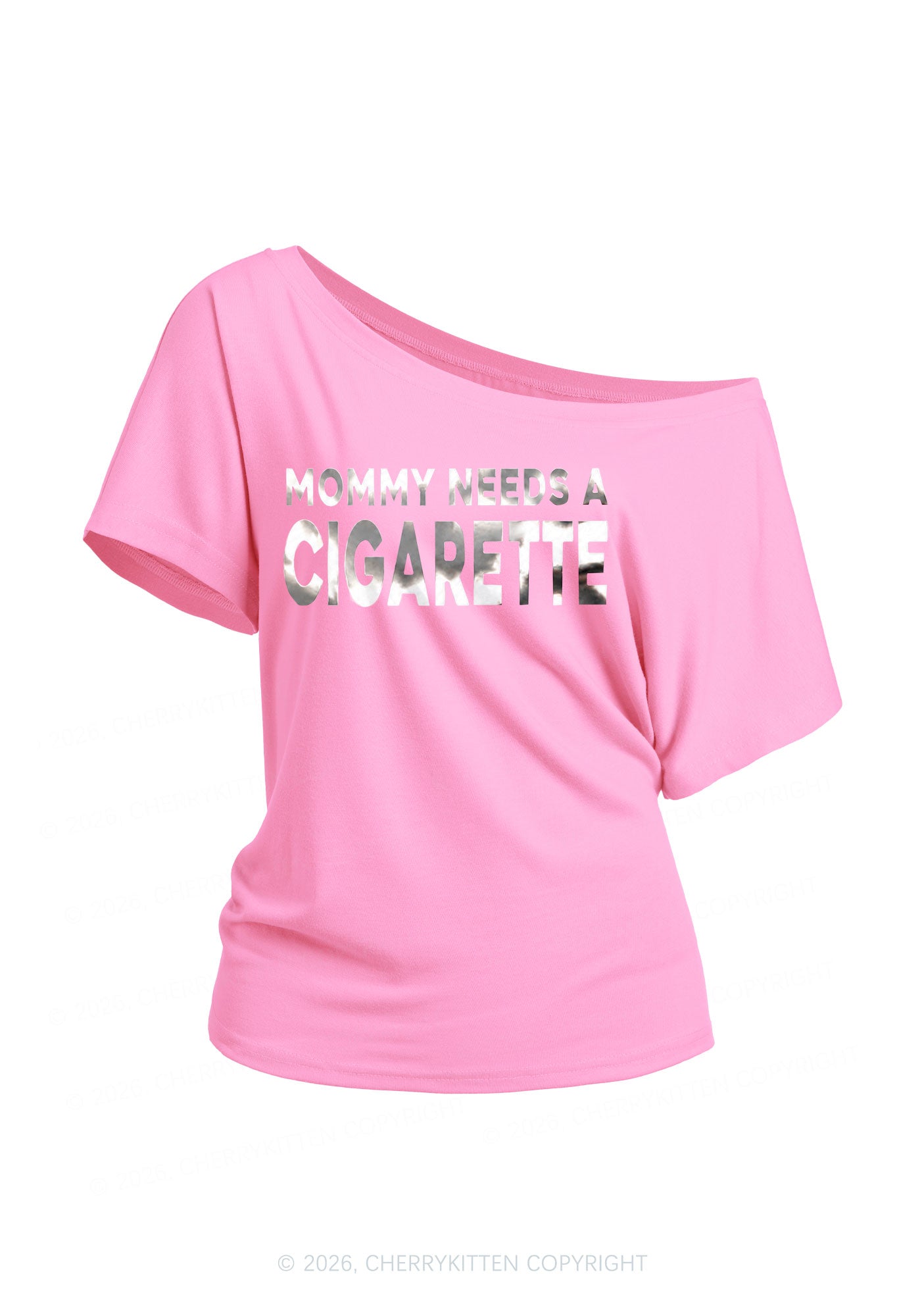 Mommy Needs A Cigarette Silver Foil Printed Y2K Off Shoulder Tee Cherrykitten