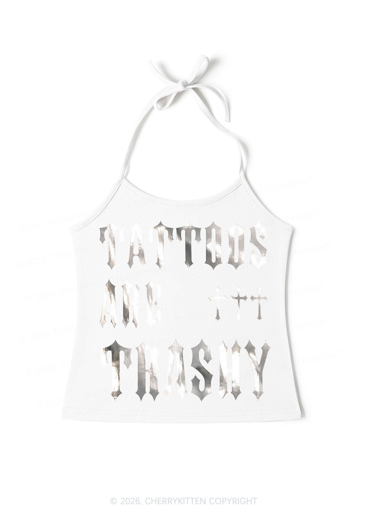 Tattoos Are Trashy Silver Foil Printed Y2K Halter Neck Cami Cherrykitten