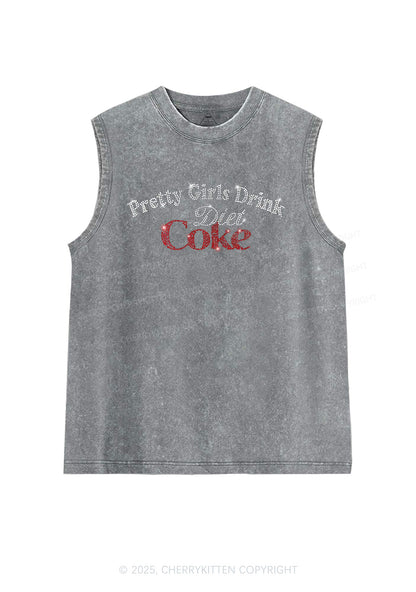 Rhinestone Pretty Girls Drink Diet Coke Y2K Washed Muscle Tank Cherrykitten