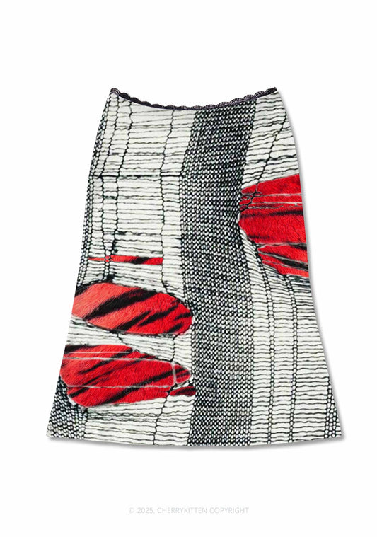 Tiger Striped Red Block Y2K Print Midi Skirt Cherrykitten