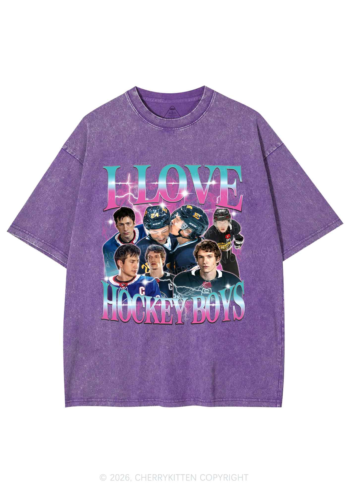 Pink Blue Gradient I Love Hockey Boys HR Y2K Shirts Washed Tee Cherrykitten