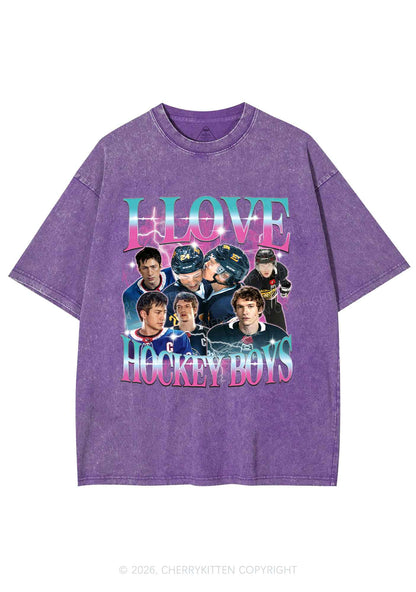 Pink Blue Gradient I Love Hockey Boys HR Y2K Shirts Washed Tee Cherrykitten