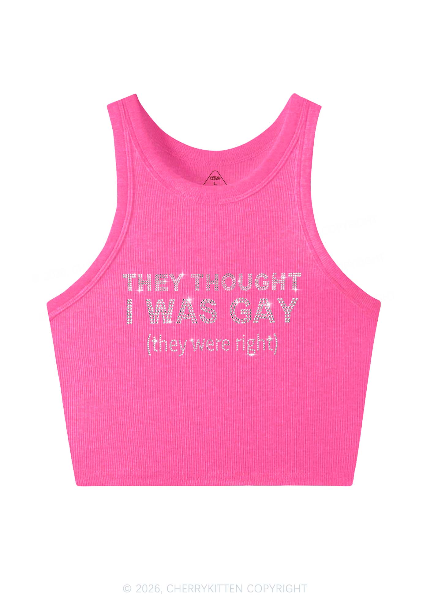 Rhinestone They Thought I Was Gay Pride Y2K Crop Tank Top Cherrykitten