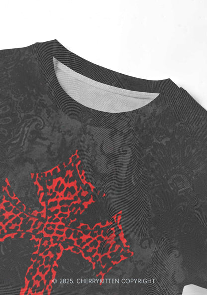 Dark Leopard Cross Y2K Mesh Crop Top Cherrykitten