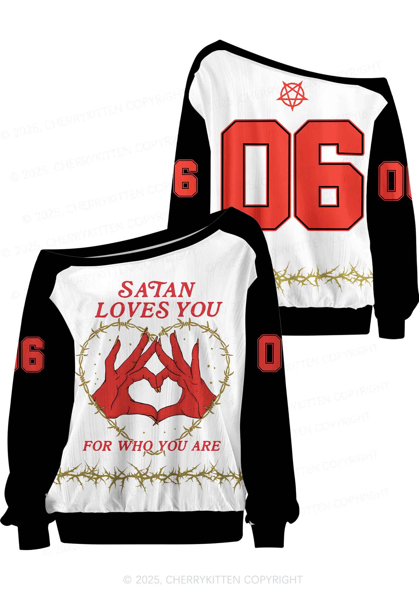 Halloween Custom White Satan Heart Y2K Off Shoulder Long Sleeve Sport Jersey Shirts Cherrykitten