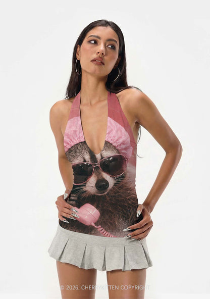 Pink Spa Raccoon Y2K Print Halter Deep V Neck Cami Cherrykitten