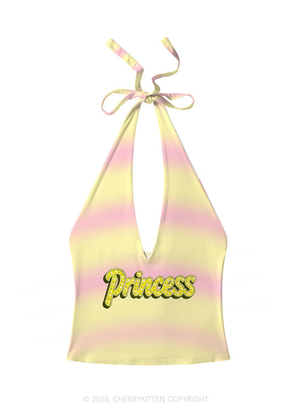 Pink Yellow Gradient Princess Y2K Print Halter Deep V Neck Cami Cherrykitten