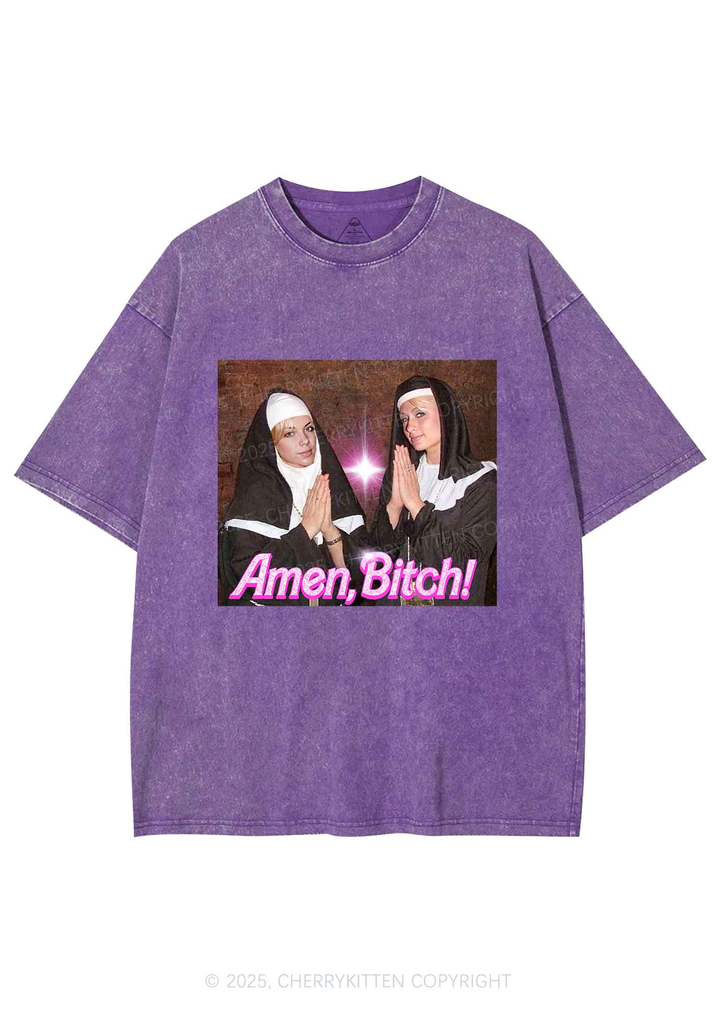 Custom Amen Bxtch Y2K Shirts Washed Tee Cherrykitten