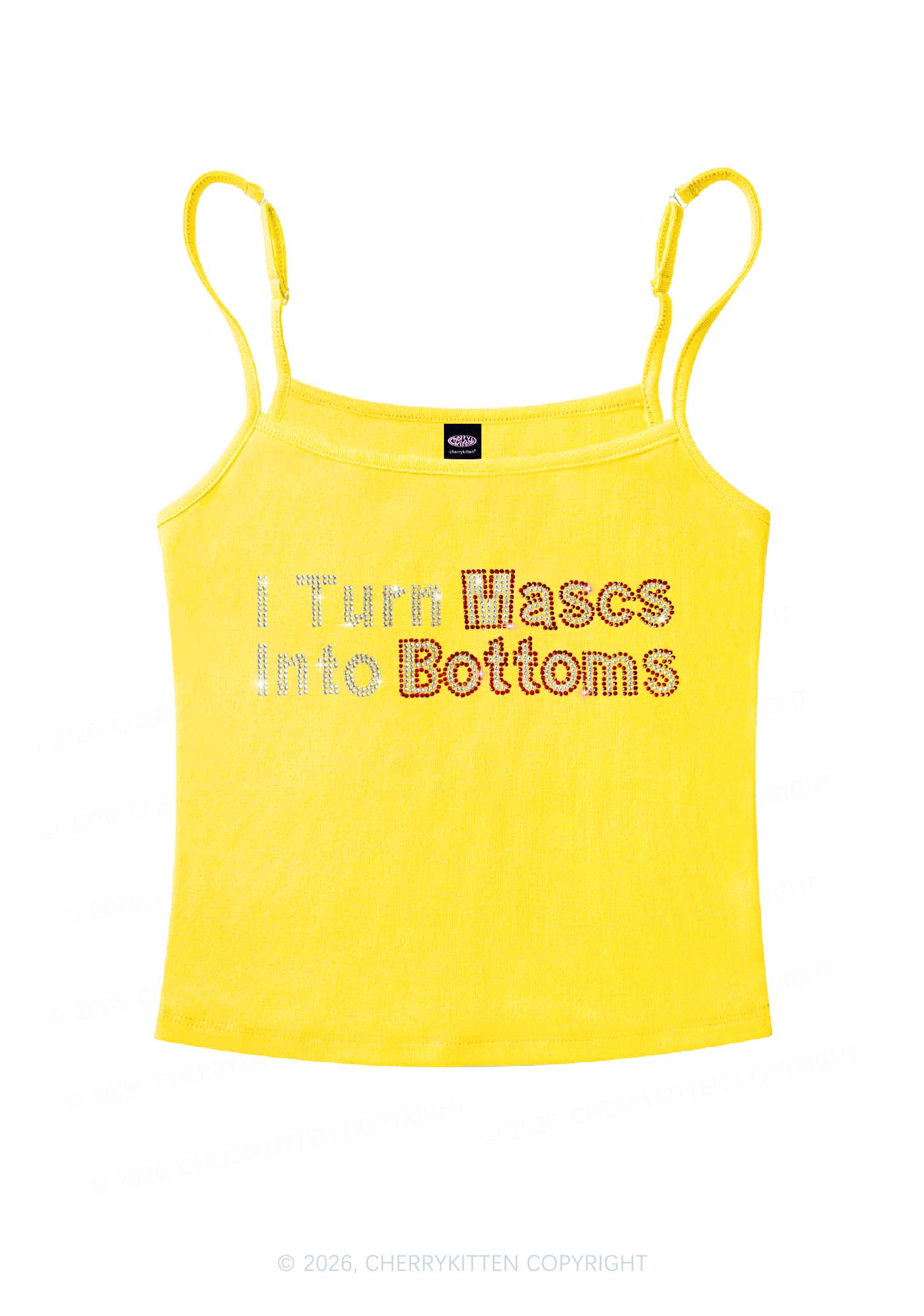 Rhinestone I Turn Mascs Into Bottoms Y2K Spaghetti Strap Cami Cherrykitten