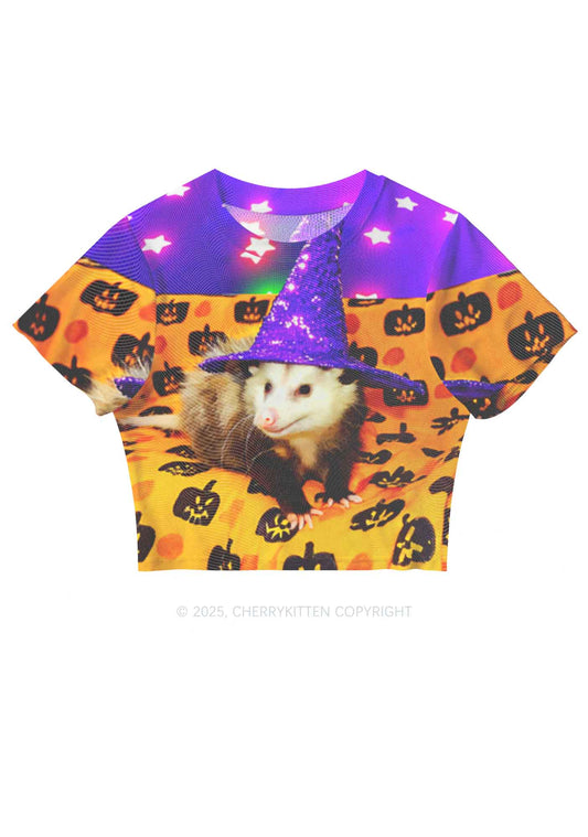 Halloween Sparkle Witch Ratz Y2K Mesh Crop Top Cherrykitten