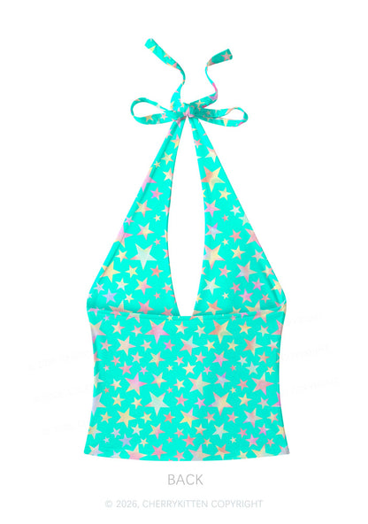 Blue Alpha Male Star Y2K Print Halter Deep V Neck Cami Cherrykitten