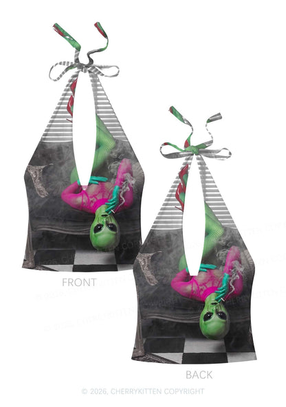 Smoking Alien Y2K Print Halter Deep V Neck Cami Cherrykitten