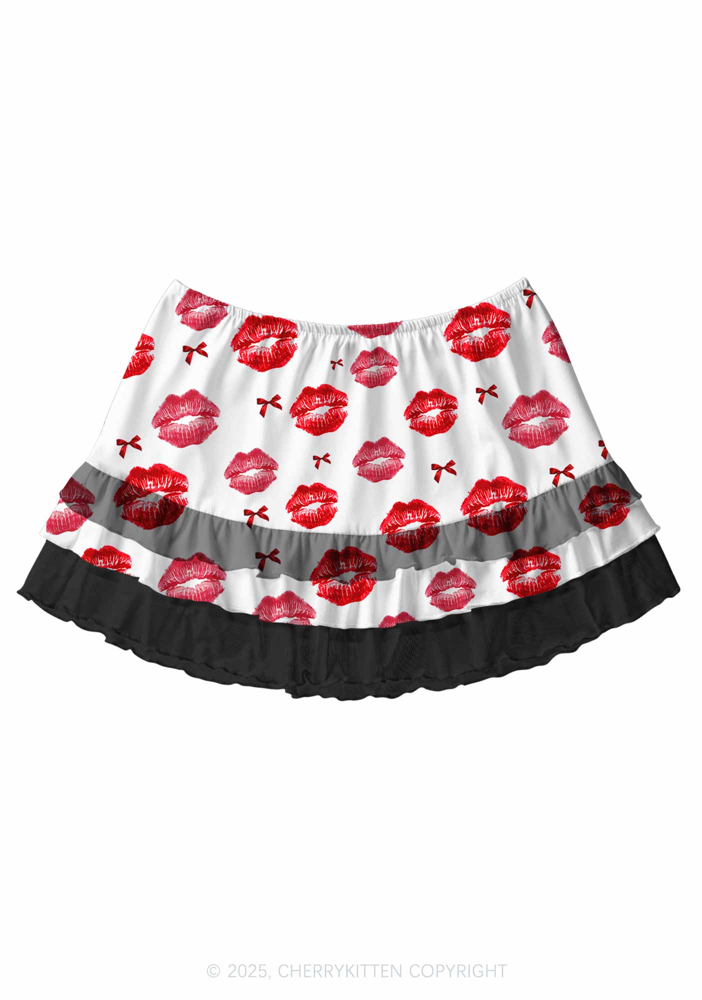 Red Lips Bows Valentine's Day Y2K Print Mini Layered Skirt Cherrykitten