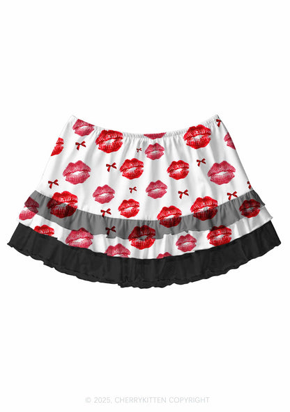 Red Lips Bows Valentine's Day Y2K Print Mini Layered Skirt Cherrykitten