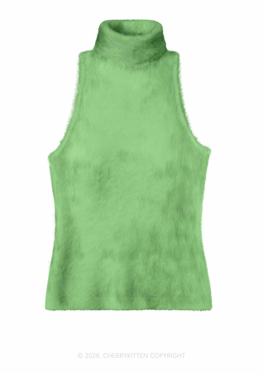 Plain Grass Green Y2K Knit Turtleneck Tank Top Cherrykitten
