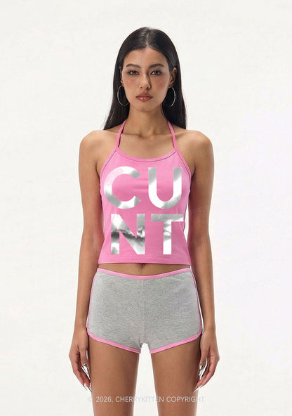 Cxxt Silver Foil Printed Y2K Halter Neck Cami Cherrykitten