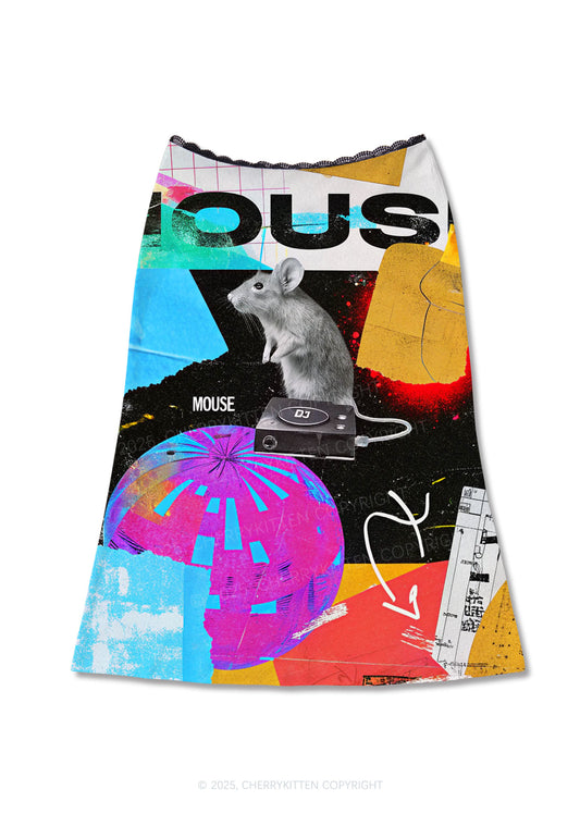Neon DJ Mouse Y2K Print Midi Skirt Cherrykitten