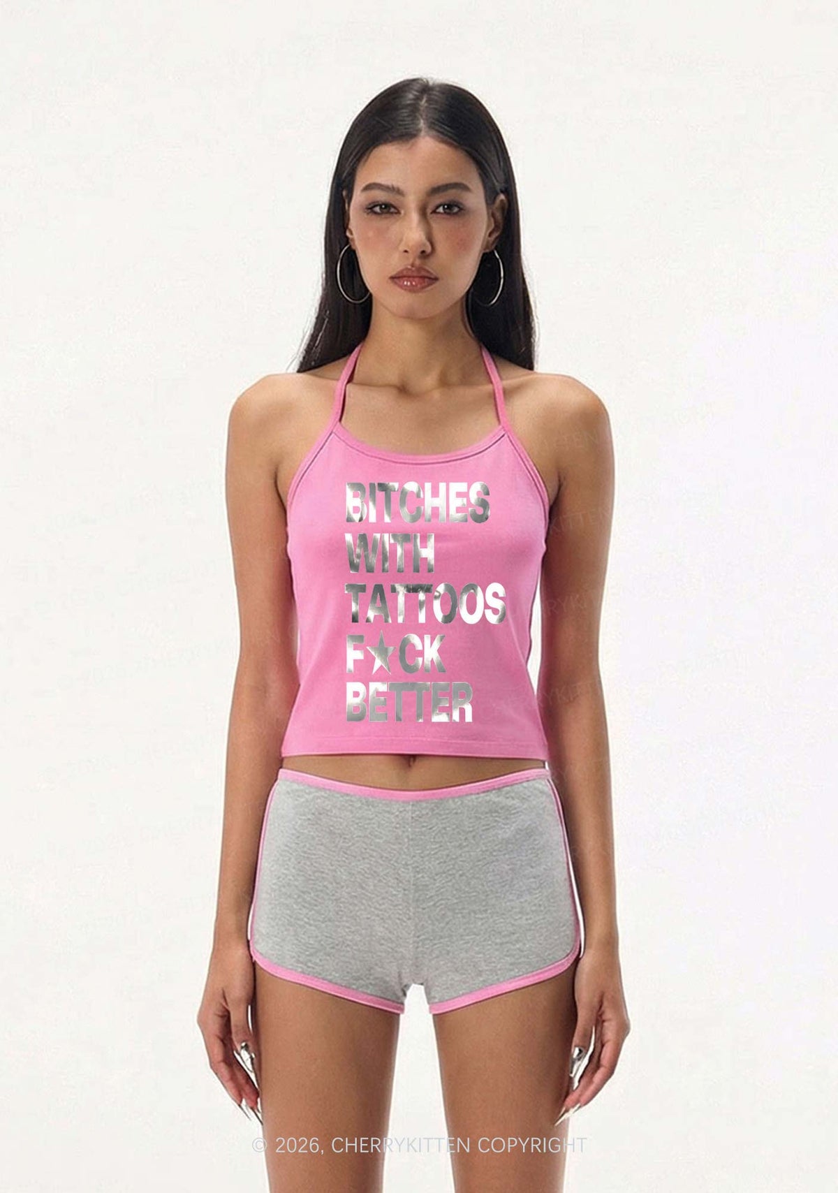 Bxxches With Tattoos Fxxk Better Silver Foil Printed Y2K Halter Neck Cami Cherrykitten