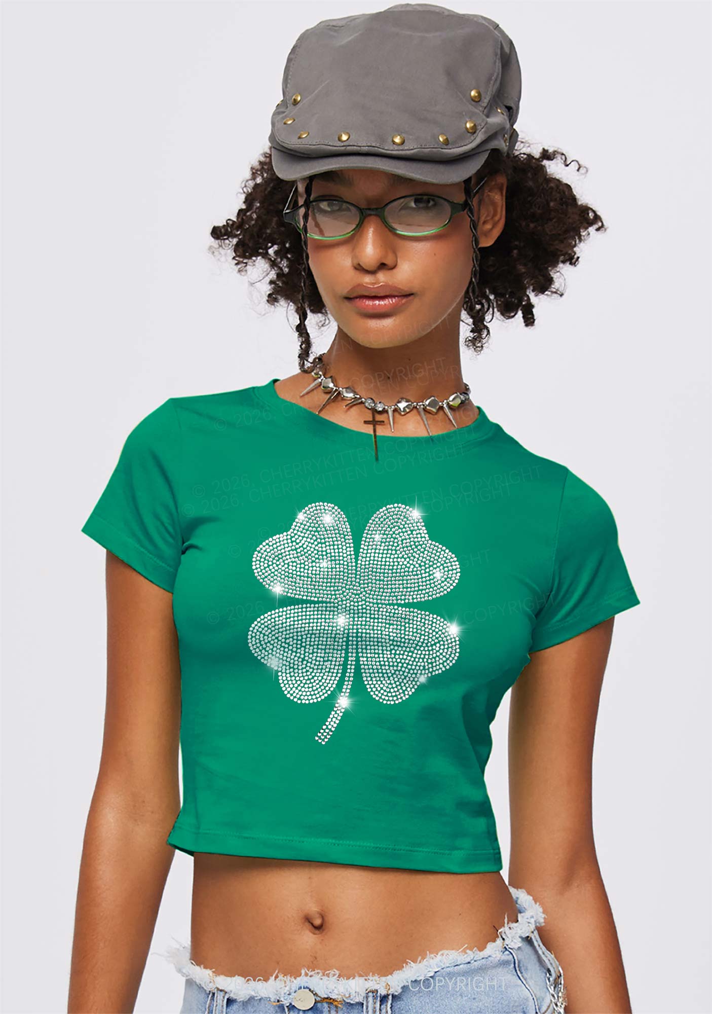 Rhinestone Four Leaf Clover St Patricks Y2K Baby Tee Cherrykitten