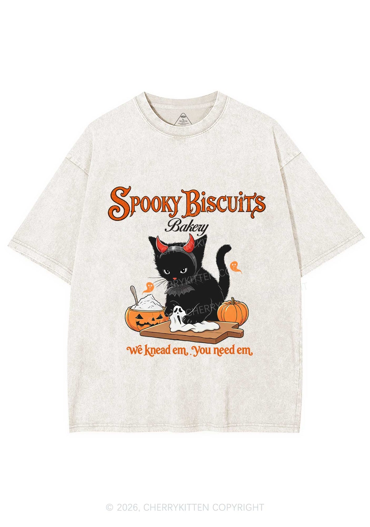 Halloween Black Cat Spooky Biscuits Y2K Shirts Washed Tee Cherrykitten