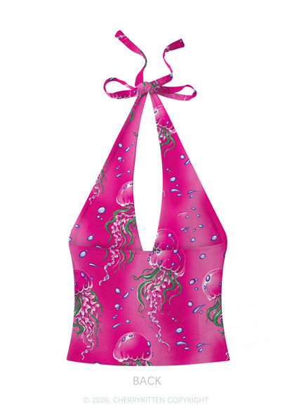 Hot Pink Jellyfish Bubble Y2K Print Halter Deep V Neck Cami Cherrykitten