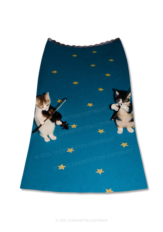 Kitten Violinist Y2K Print Midi Skirt Cherrykitten