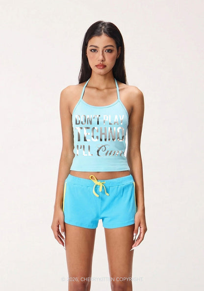 Dont Play Techno Silver Foil Printed Y2K Halter Neck Cami Cherrykitten