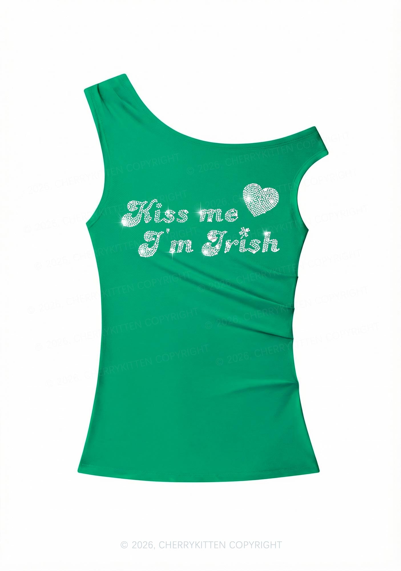 Rhinestone Kiss Me St Patricks Y2K Off Shoulder Tank Top Cherrykitten
