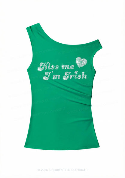 Rhinestone Kiss Me St Patricks Y2K Off Shoulder Tank Top Cherrykitten