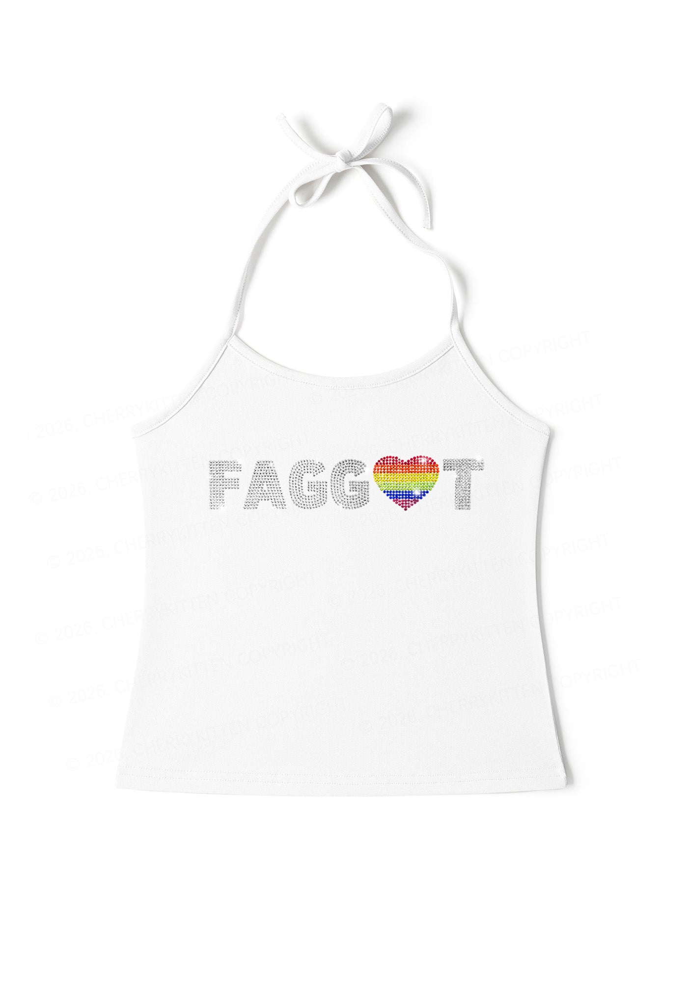 Rhinestone Rainbow Heart Faggot Pride Y2K Halter Neck Cami Cherrykitten