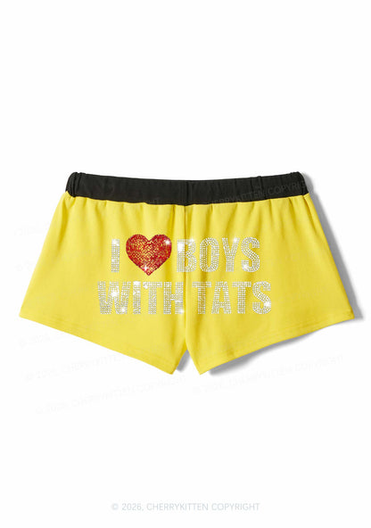 Rhinestone I Love Boys With Tats Y2K Drawstring Mini Shorts Cherrykitten