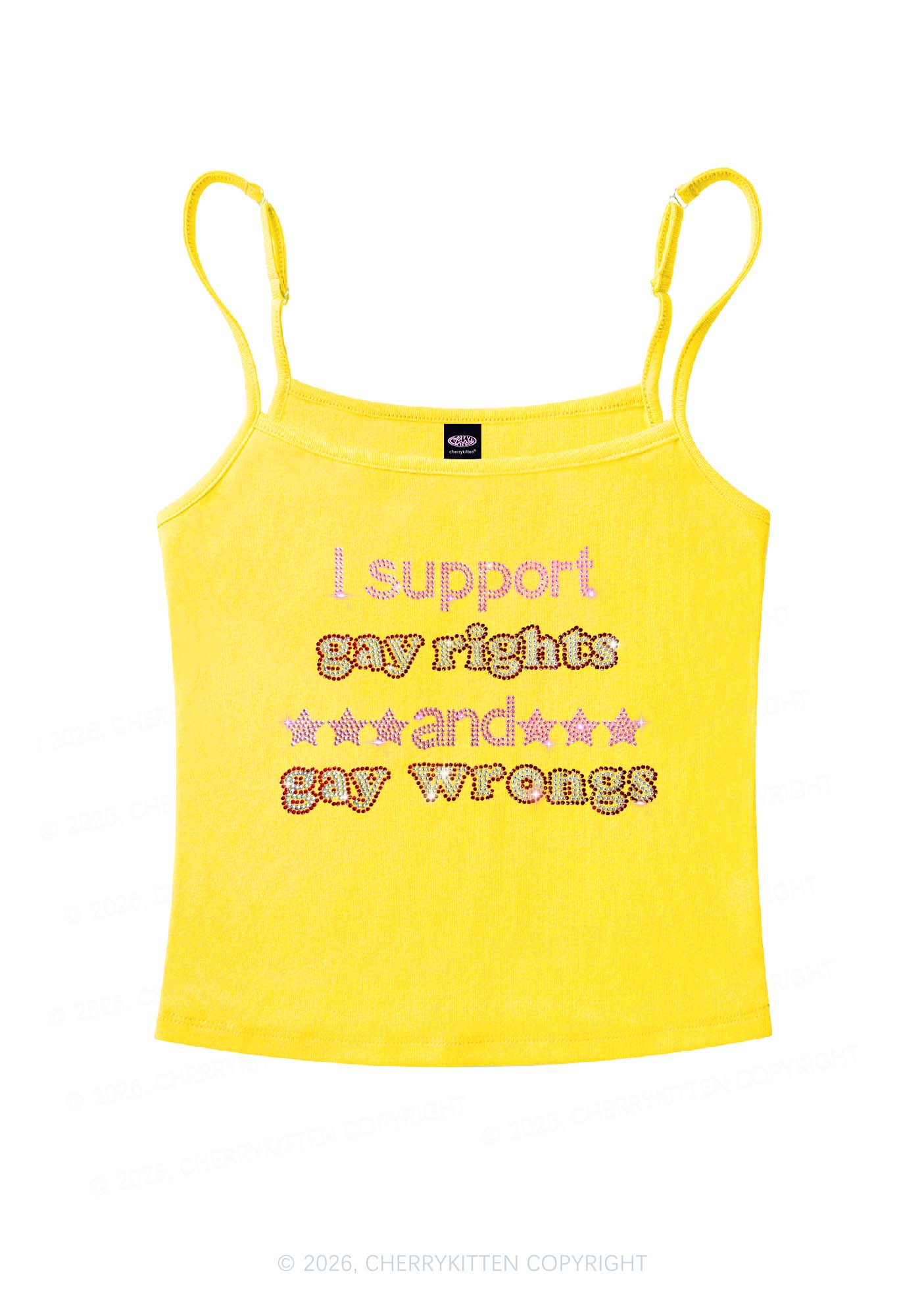 Rhinestone I Support Gay Rights Y2K Spaghetti Strap Cami Cherrykitten