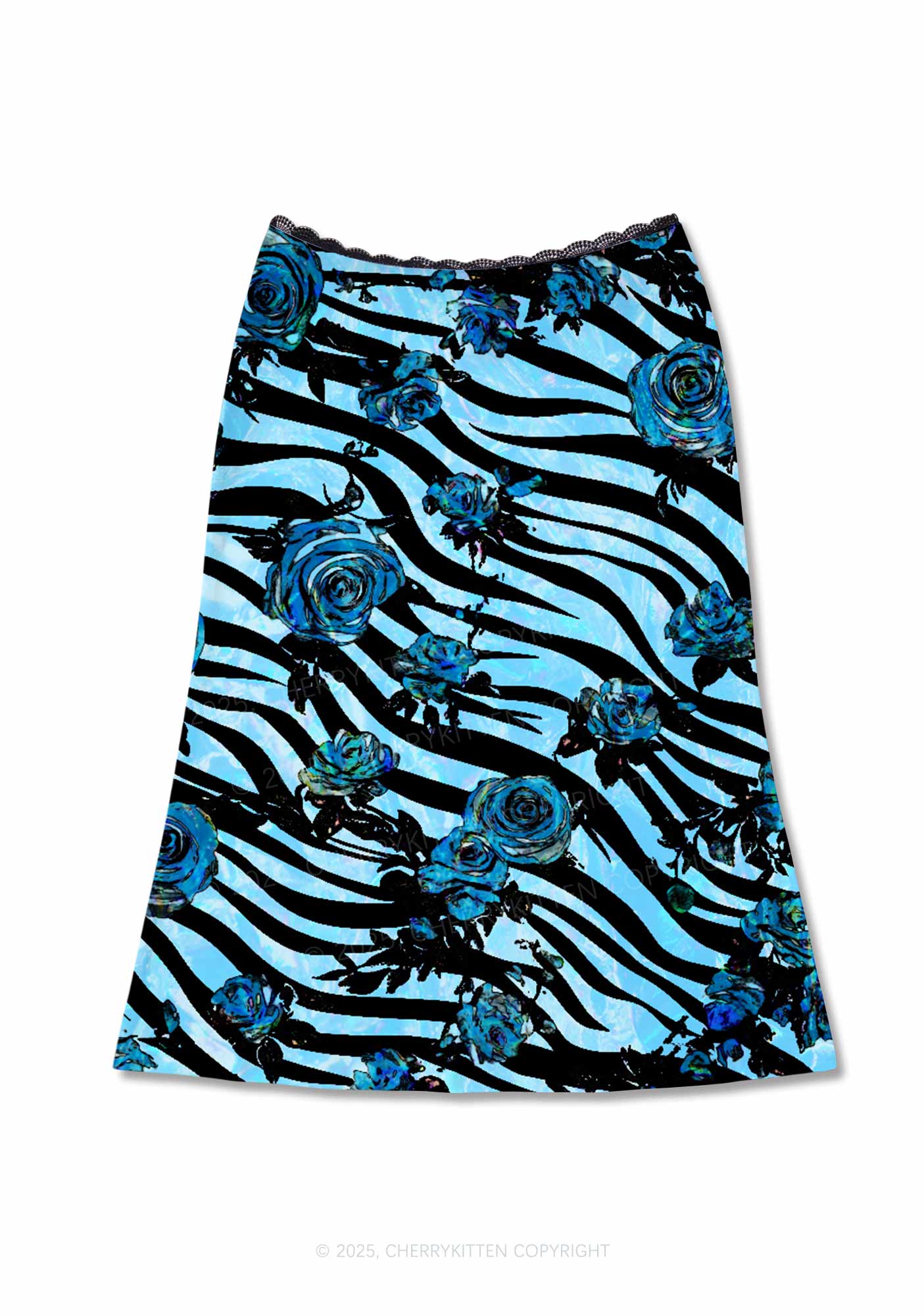 Blue Zebra Roses Y2K Print Midi Skirt Cherrykitten