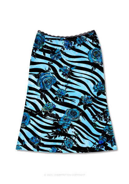 Blue Zebra Roses Y2K Print Midi Skirt Cherrykitten
