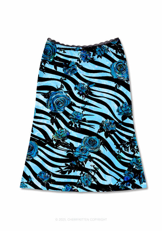 Blue Zebra Roses Y2K Print Midi Skirt Cherrykitten