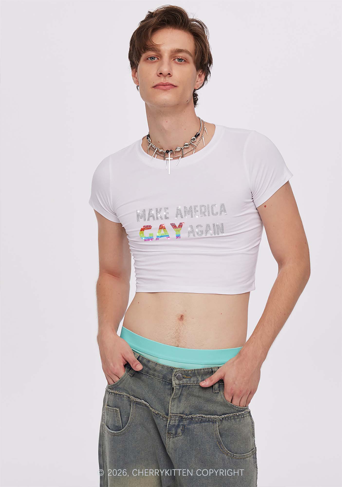 Rhinestone Make America Gay Again Pride Y2K Baby Tee Cherrykitten