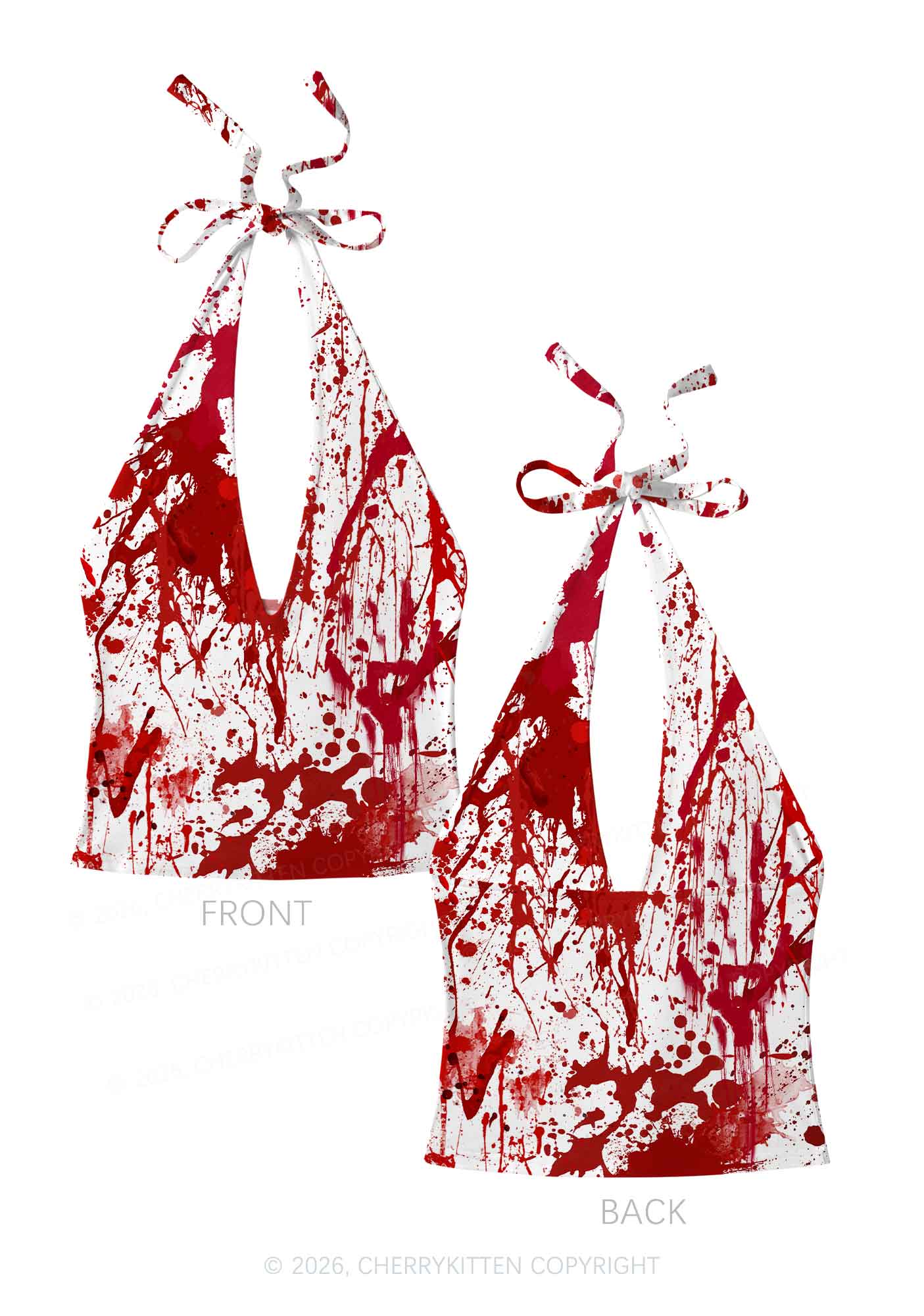 Halloween Red Blood On White Y2K Print Halter Deep V Neck Cami Cherrykitten
