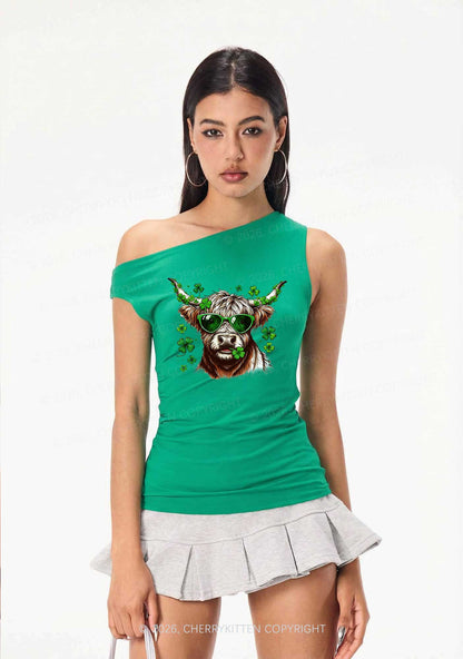 Highland Cow St Patricks Y2K Off Shoulder Tank Top Cherrykitten