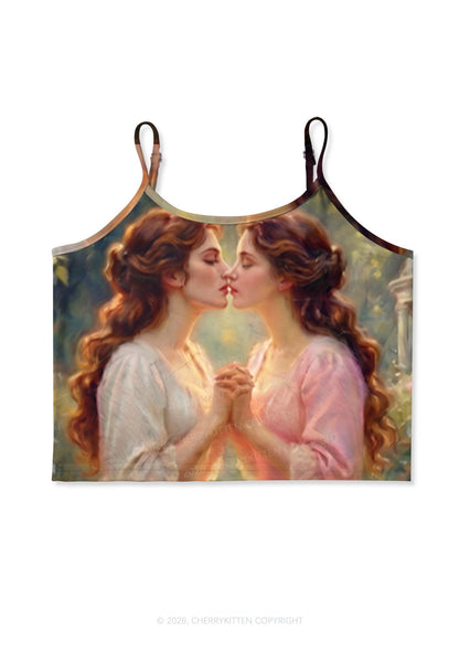Girls Holding Hands Kissing Pride Y2K Print Cami Crop Top Cherrykitten