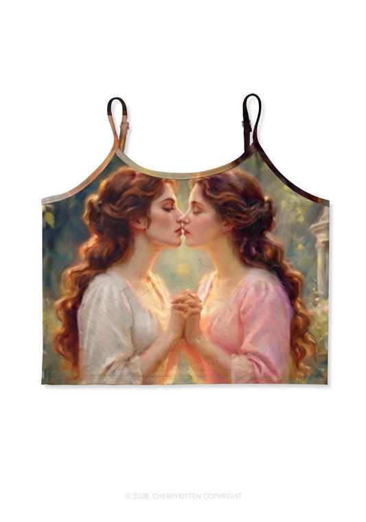 Girls Holding Hands Kissing Pride Y2K Print Cami Crop Top Cherrykitten
