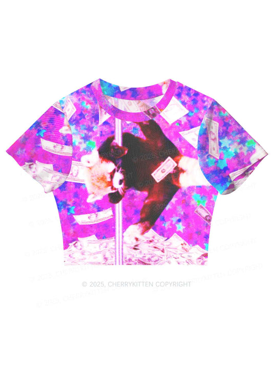 Pole Dancing Raccoon Y2K Mesh Crop Top Cherrykitten