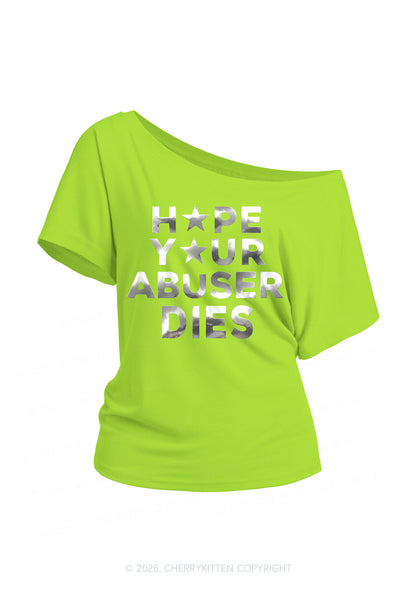 Abuser Dies Silver Foil Printed Y2K Off Shoulder Tee Cherrykitten