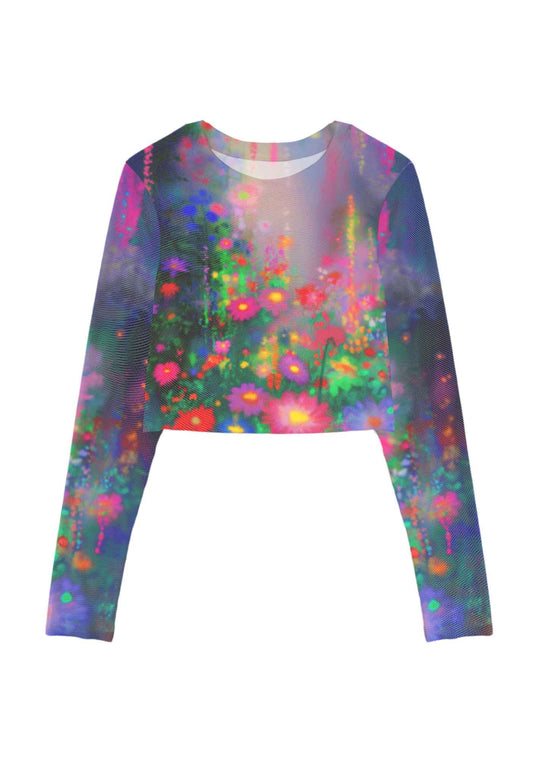 Colorful Daisies Y2K Mesh Long Sleeve Crop Top Cherrykitten