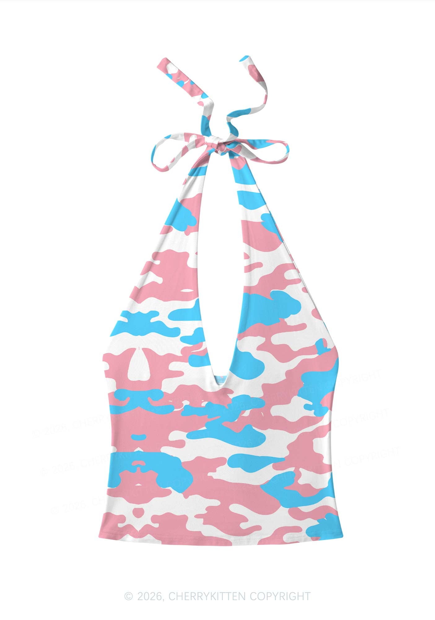Trans Camouflage Pride Y2K Print Halter Deep V Neck Cami Cherrykitten