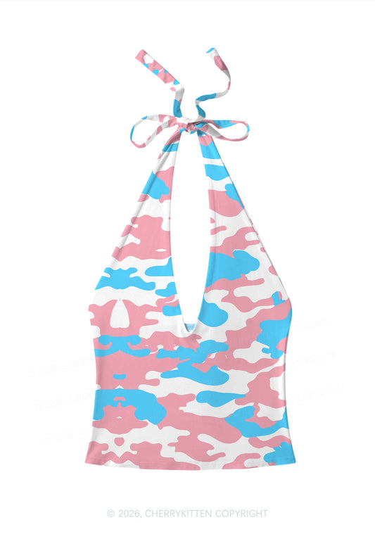 Trans Camouflage Pride Y2K Print Halter Deep V Neck Cami Cherrykitten