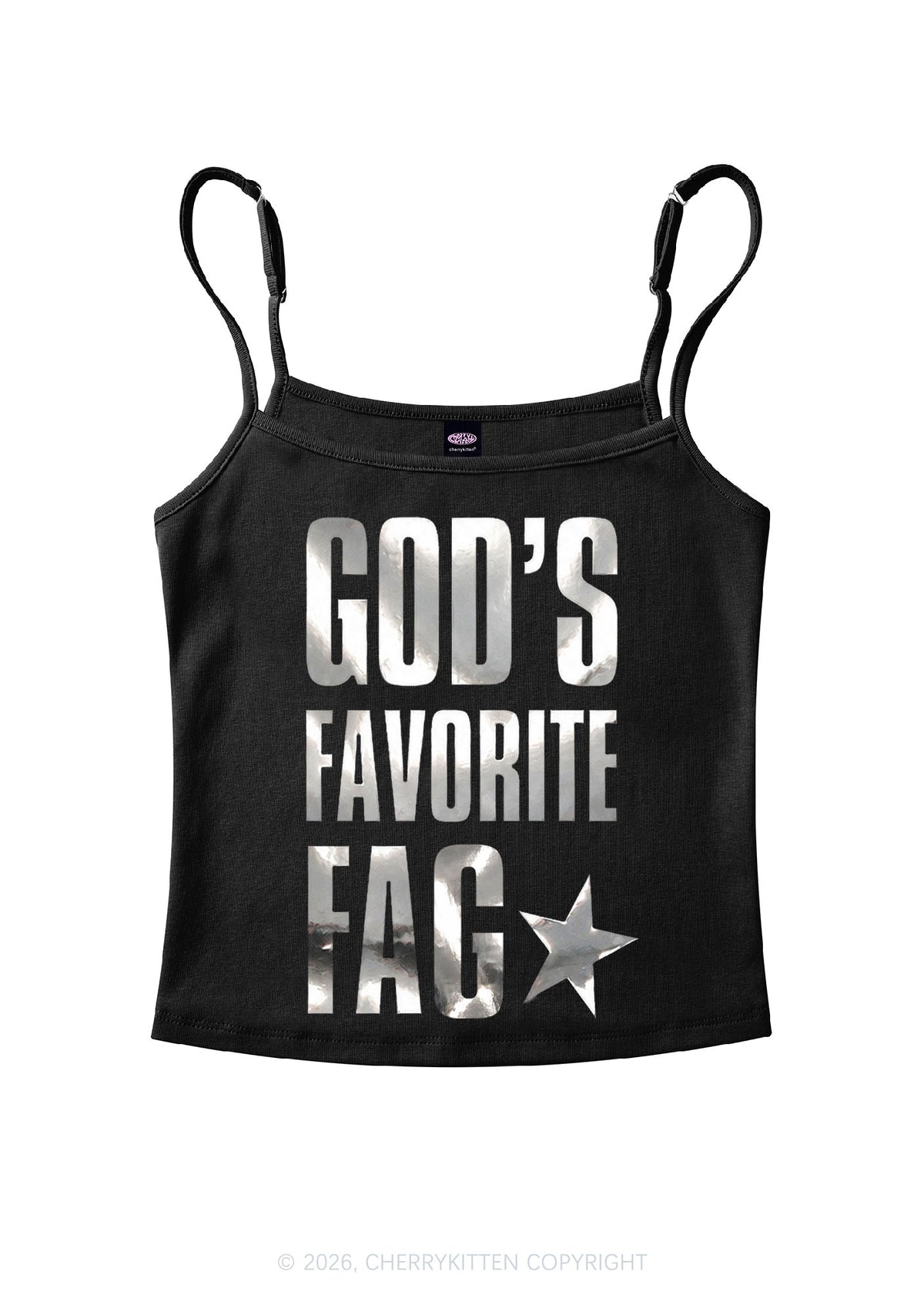 Gods Favorite Fag Pride Silver Foil Printed Y2K Spaghetti Strap Cami Cherrykitten
