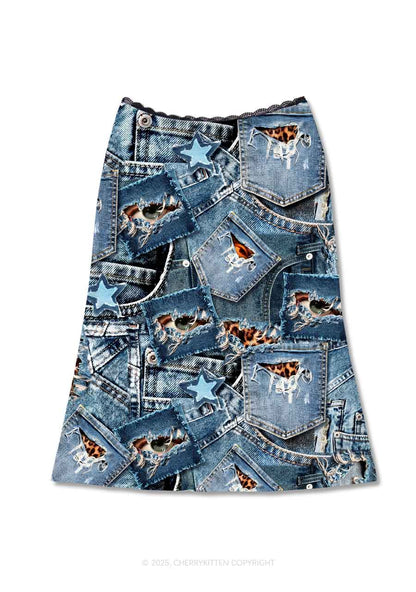 Denim Patchwork Y2K Print Midi Skirt Cherrykitten